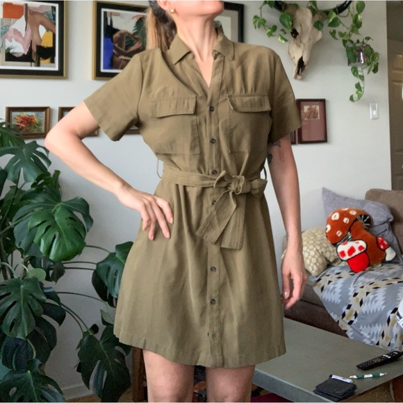 Dynamite Dresses & Skirts - Khaki Green Belted Utility Shirt Dress